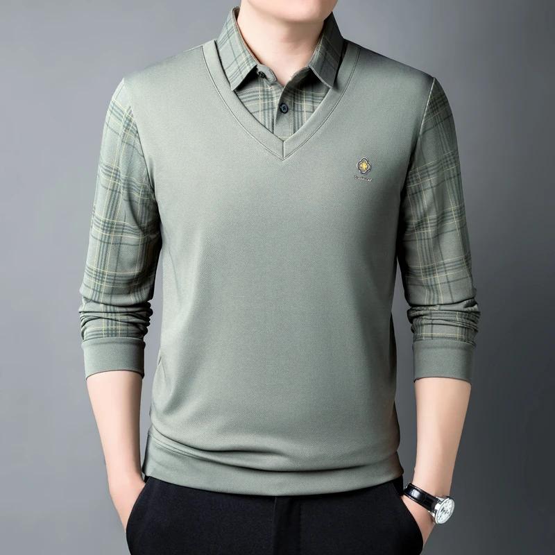 

Browon Brand Icon T-Shirts Man Spring Autumn 2025 New Plaid Striped Long Sleeve T Shirt For Men Turn Down Collar Casual Tops 3XL зелёный