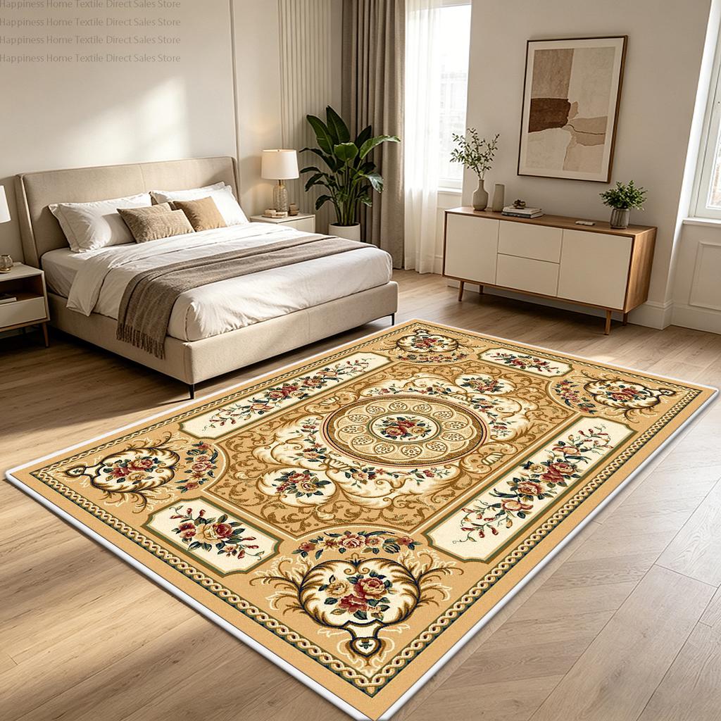 European Luxury Yellow Bedroom Bedside Mat Decoration Parlor Washable Non-slip Floral Large Rug Short Velvet Dining Room Carpet