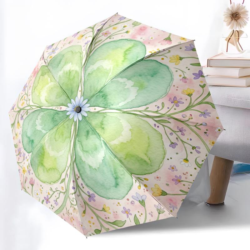 

1pc Sturdy 8-Bone Auto Umbrella, Emerald Floral Clover Umbrella, Digital Printed, Foldable Umbrella for On-the-Go Outdoor Use