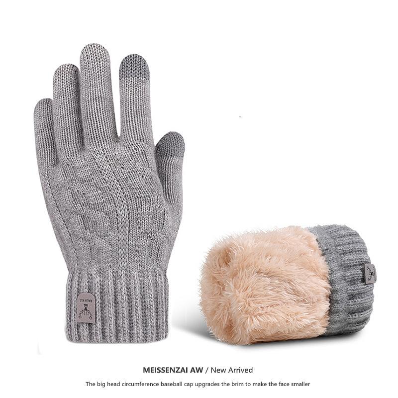 Warm Gloves for Men In Autumn and Winter Touch Screen Wool Knitted Electric Bike Riding and Driving Plus Velvet Thickening Students Prevent Cold