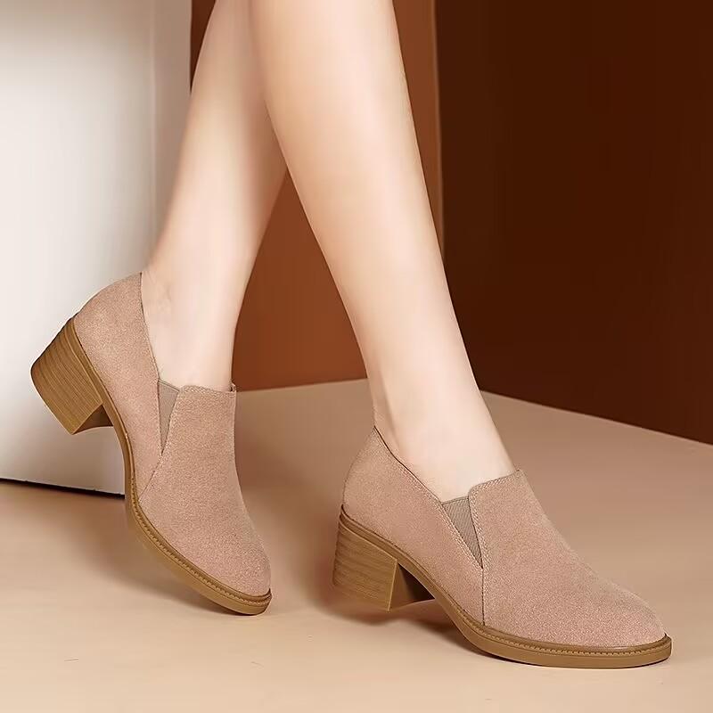 Fashion Women's Coarse Heel Shoes Spring New Pointed Suede Sleeve Anti-slip Wear-resistant Weigh-in High Heels