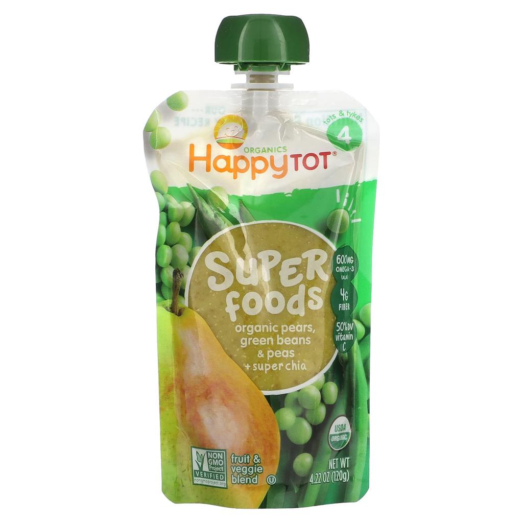 Happy Family Organics Happytot, Superfoods, Organic Pears, Peas, Peas + Super Chia, 4.22 Oz (120 G)