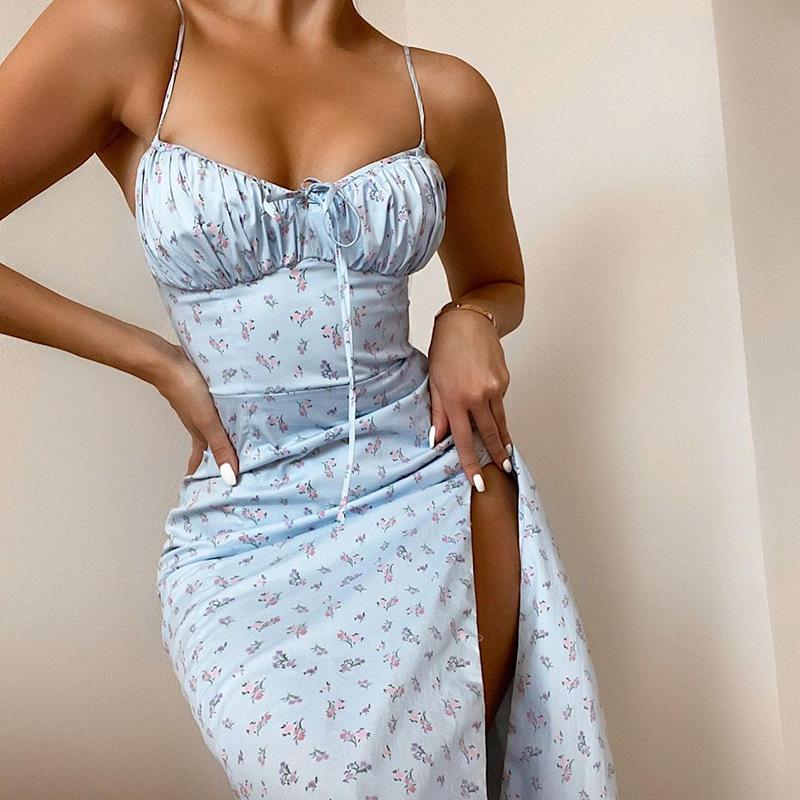 Женское Элегантное Цветочное Длинное Платье Bodycon Уличный Стиль для Пляжного Отдыха Летняя Одежда 2026 для Бизнеса S светло-синий