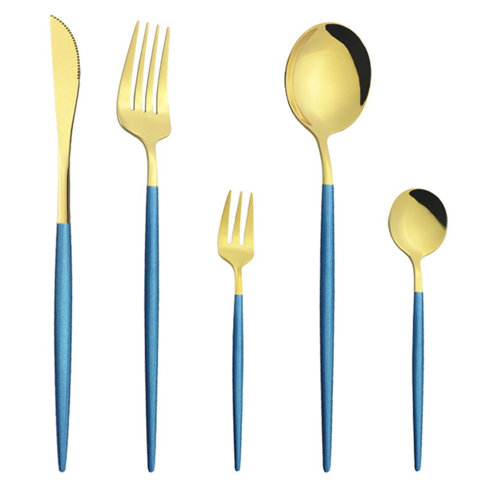 5Pcs White Gold Dinnerware Cutlery Set Knife Dessert Fork Coffee Spoon Tableware Stainless Steel Dinner Flatware Silverware Set