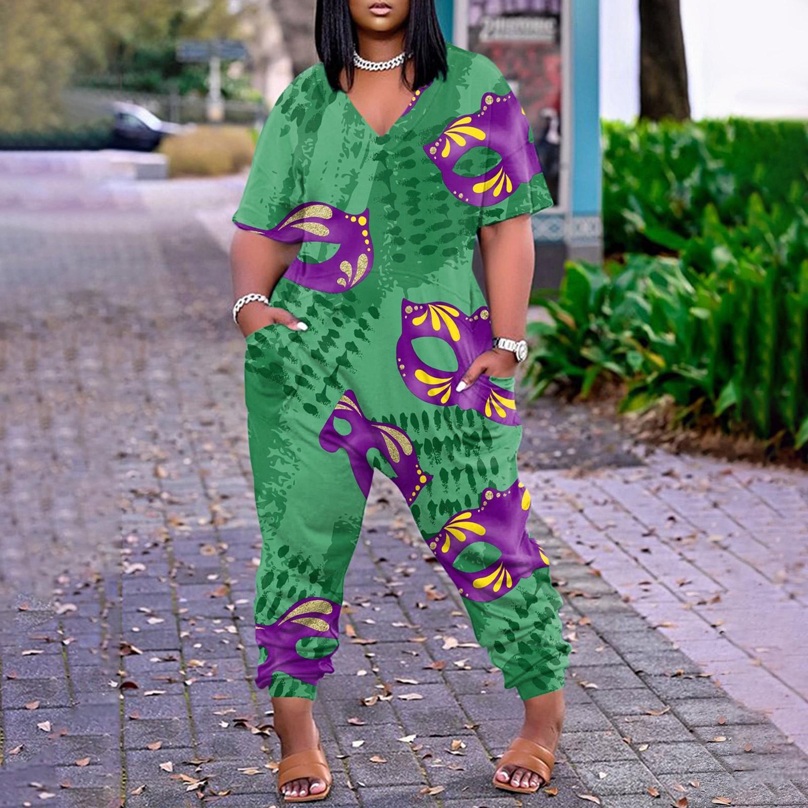 

Женский комбинезон с короткими рукавами, повседневный свободный крой, мешковатые комбинезоны, удобные комбинезоны с V-образным вырезом, комбинезон с карманами L темно-зеленого