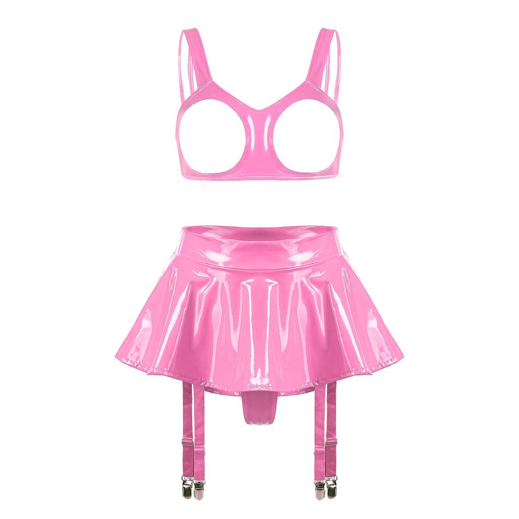 Women Shiny Leather Lingerie Set Cupless Bra Top with Ruffle Built-in Thongs Garter Mini Skirt for Party Clubwear Sexy Outfits