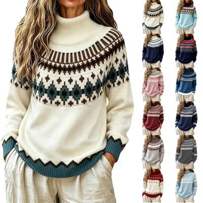 Suéter de Tricô Feminino Casual Colorblock de Caimento Solto