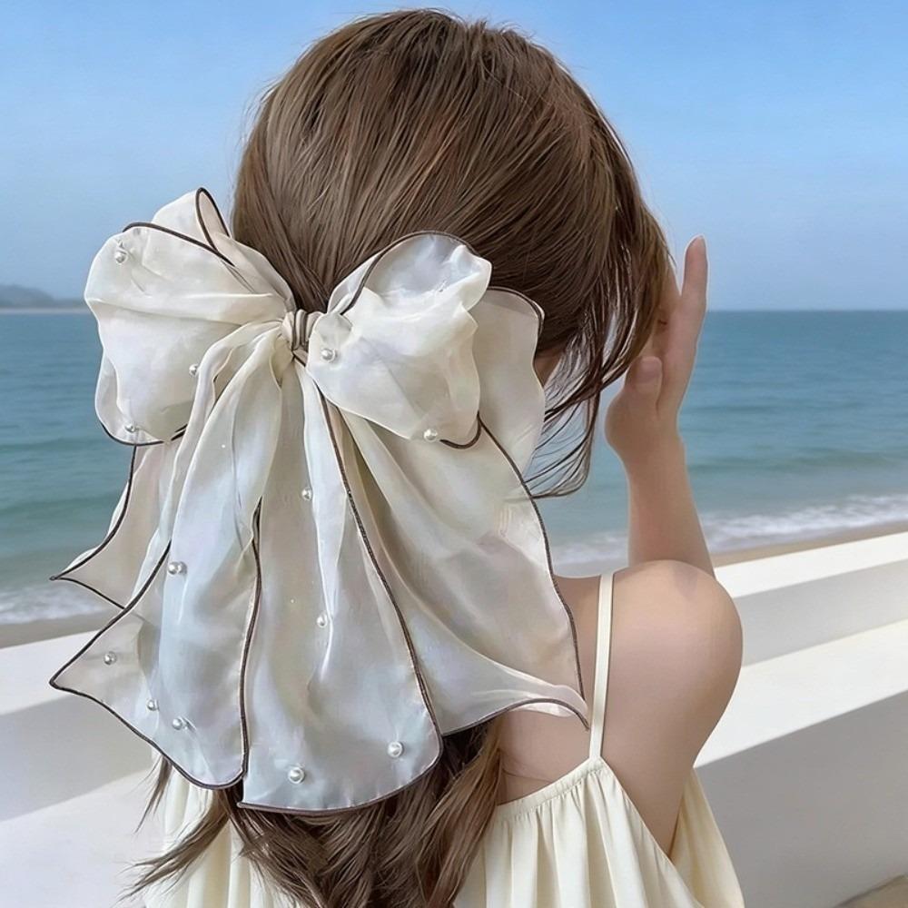 Pearl Decor Bow Hair Clip Sweet Ponytail Holder Fairy Style Sheer Organza Spring Clip Party