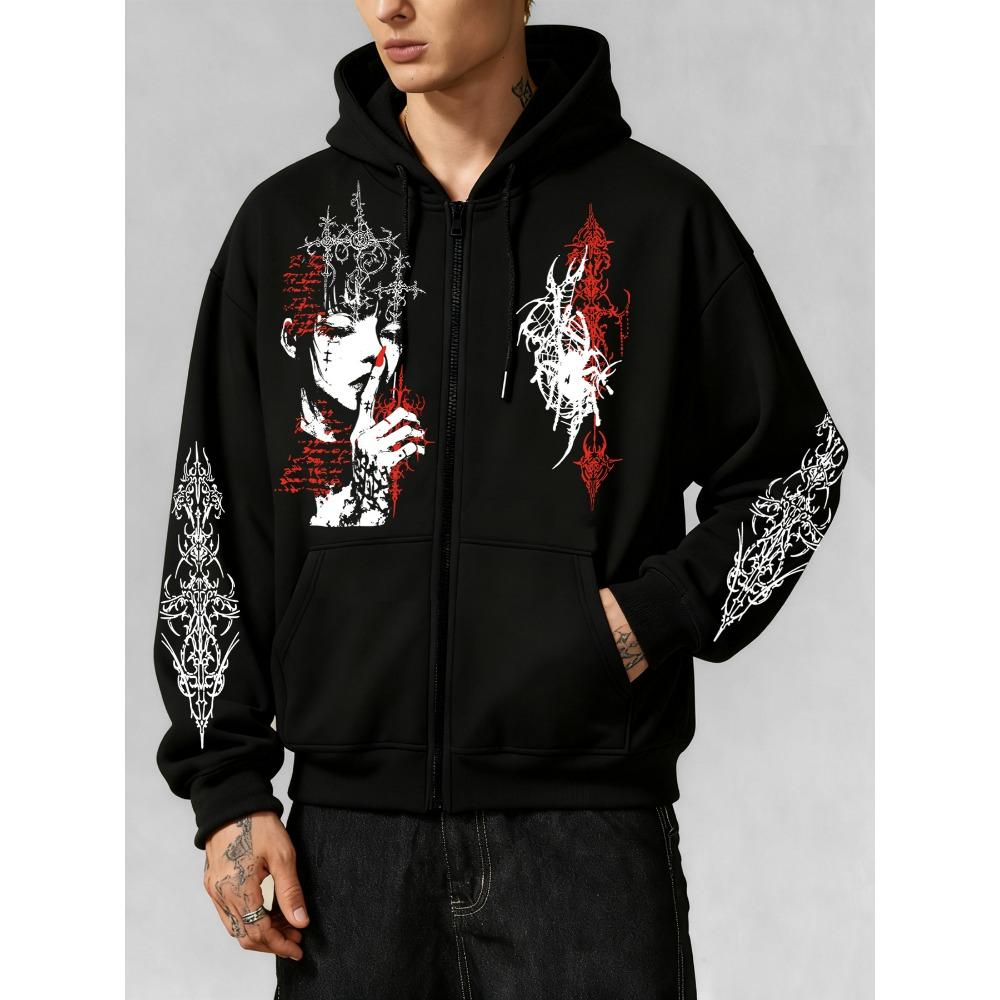 Y2K Gothic Dark Comic Style Printed Zipper Hoodie, a Fashionable Street Trend Zipper Hoodie Suitable for Casual Occasions