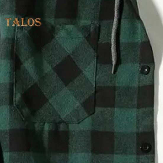 Fall Winter Men Shirt Coat Plaid Print Long Sleeves Chest Pocket Adjustable Drawstring Hood Single-breasted Patchwork Loose Contrast Color Jacket