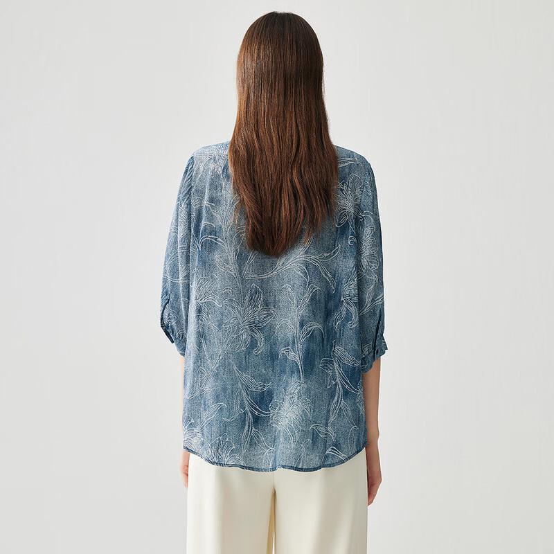 Zhaojun Women's Printed Mulberry Silk Blend Mid-Sleeve Blouse