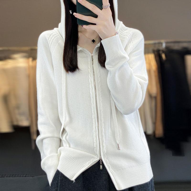 Весенне-осенняя женская мода повседневный однотонный вязаный кардиган с капюшоном и двойной молнией XXL белый