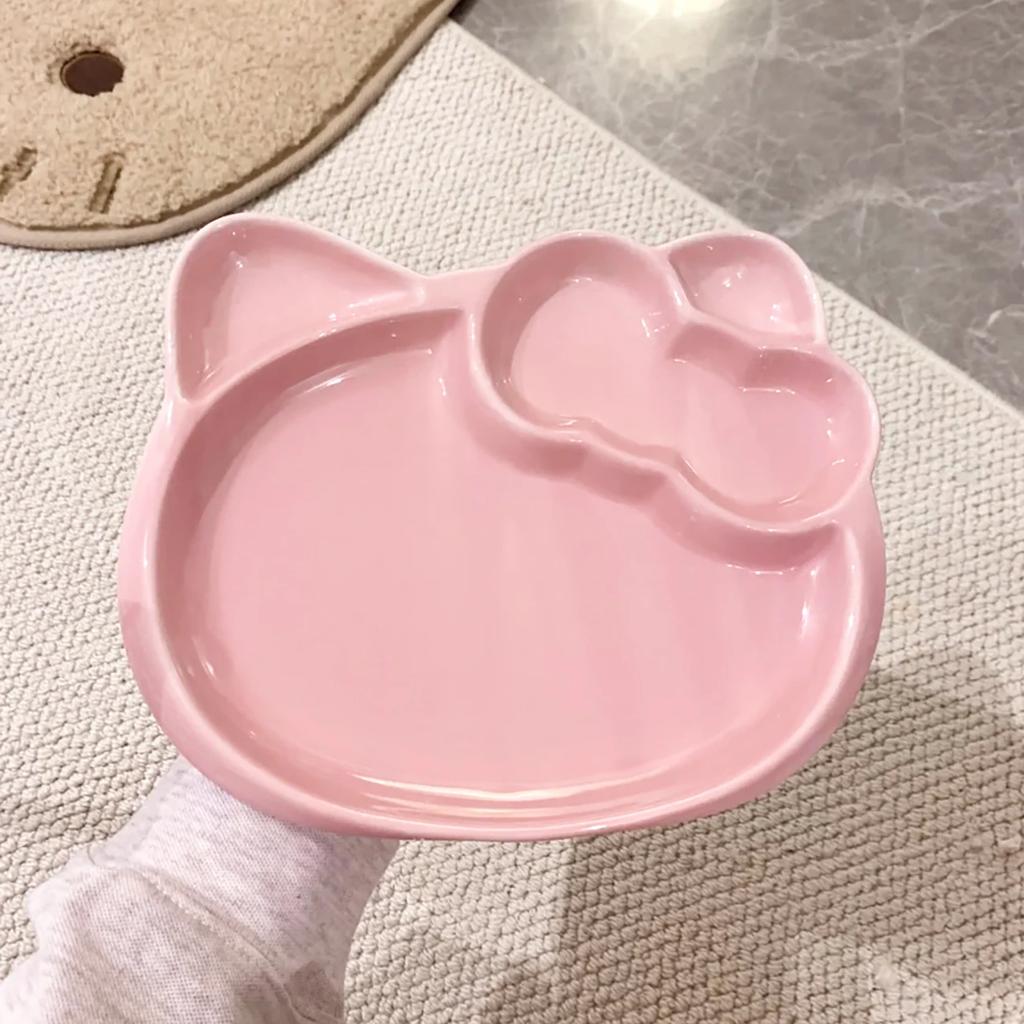 Cute Cat Bow Tie Ceramic Plate, Household Cartoon Grid Dumpling Plate, Noodle Salad Fruit Plates,Exquisite Kitchen Utensils Gift