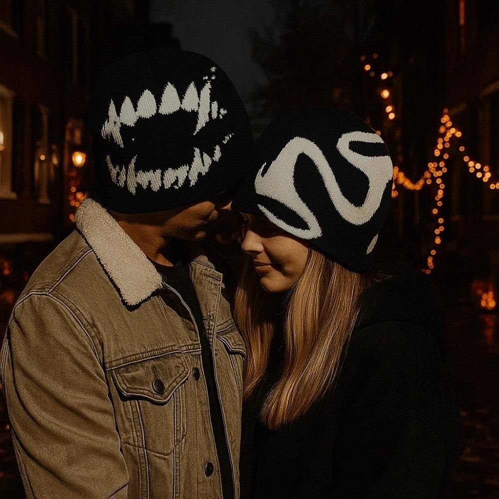 Streetwear Jacquard Woolen Hat Halloween Black White Pullover Cap Y2K Knitted Hat Outdoor
