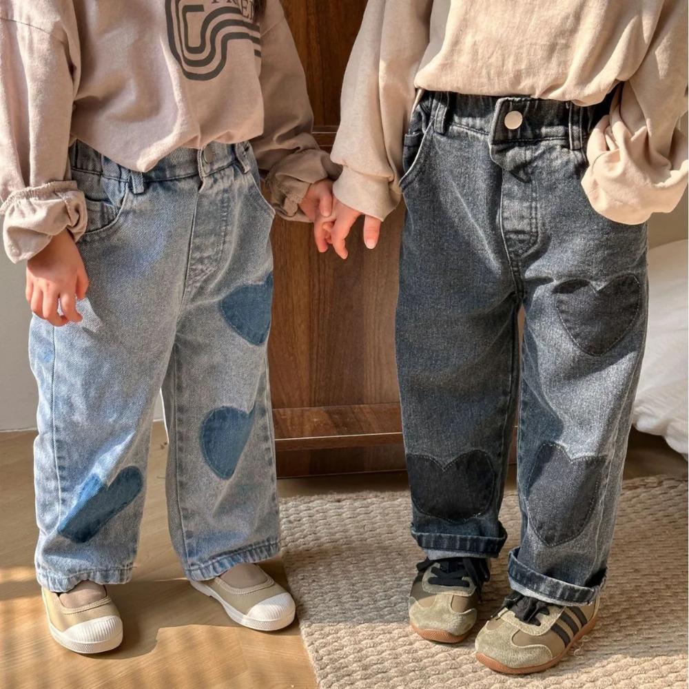 Spring Girl Baby Patch Love Jeans Retro Boy Children Pockets Casual Pants Loose Kid Cotton Trousers Toddler Denim Pants