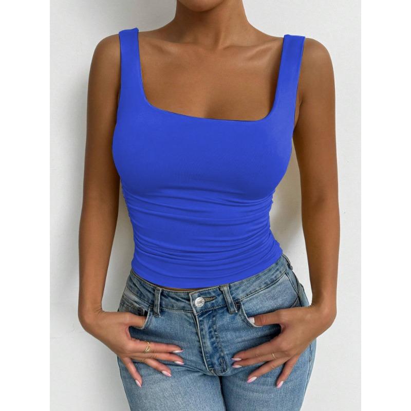 Summer new women's Solid Square Neck Sleeveless Fitted Tank Top