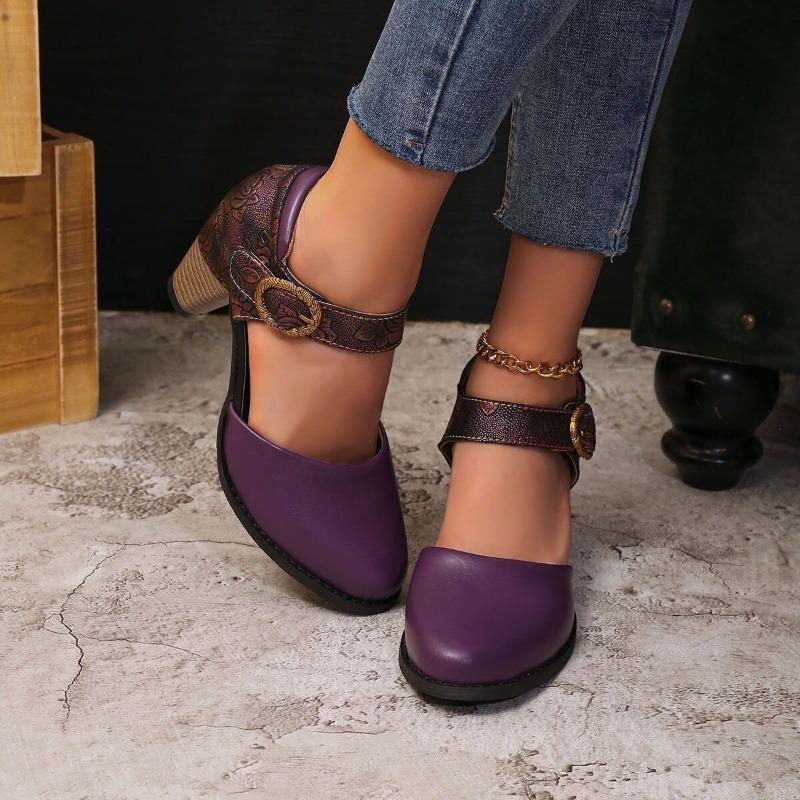 Baotou round head hollow women's sandals spring and summer thick heel high heel one-word buckle high heel sandals Mary Jane women's single shoes
