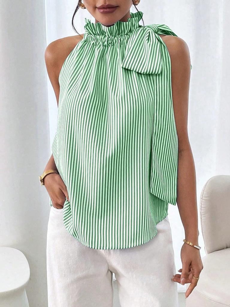 Trendy Casual Striped Ruffled High Neck Tie-Up T-Shirt Top