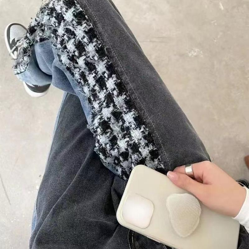 Harajuku Women's Patchwork Straight Leg Jenas with Print Korean Streetwear Hiphop High Waisted Denim Trouser Y2k Style of 90s