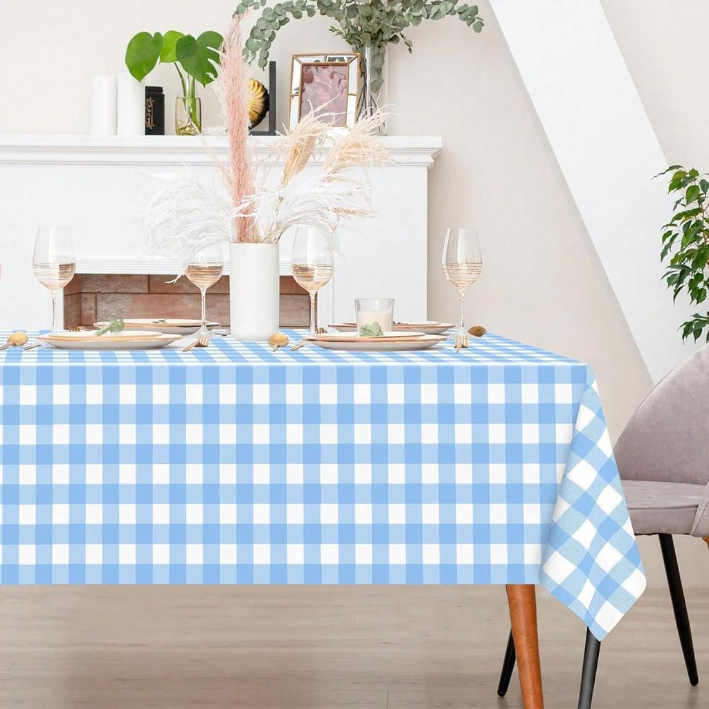 1 Pack Light Blue Gingham Tablecloth Rectangular Pale Blue and White Checkered Tablecloths Disposable Plastic Plaid Table Cover for Parties