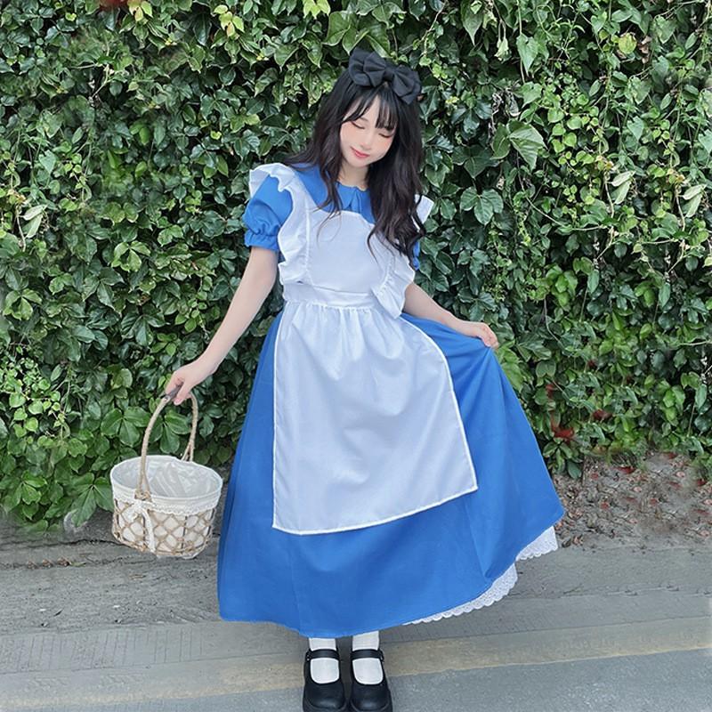Alice In Wonderland Halloween Cosplay Dress Lolita Maid Outfit Short Sleeve Sweet Princess Costume Blue Set