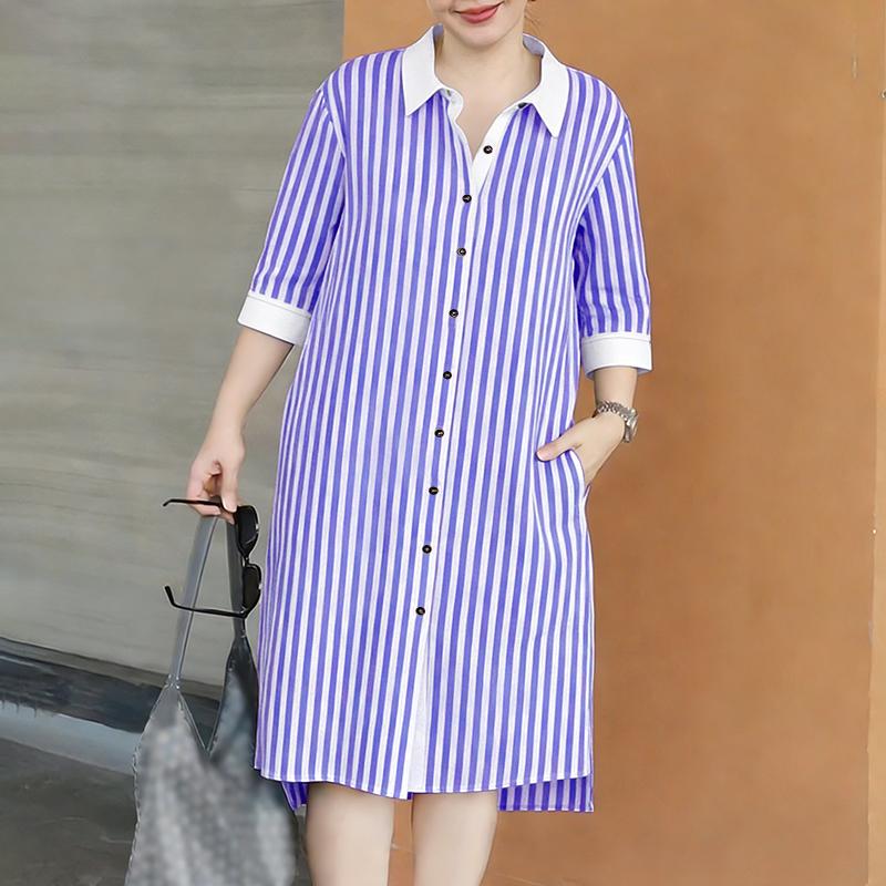 

ZANZEA Women Casual Turn Down Collar Loose Half Sleeve Stripe Dress 5XL
