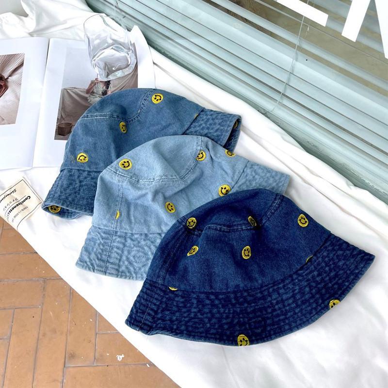 Simple Smiley Face Casual Denim Fisherman Hat Women Harajuku Vintage Bucket Hat Korean Style Spring Summer Sun Hat Men 2021