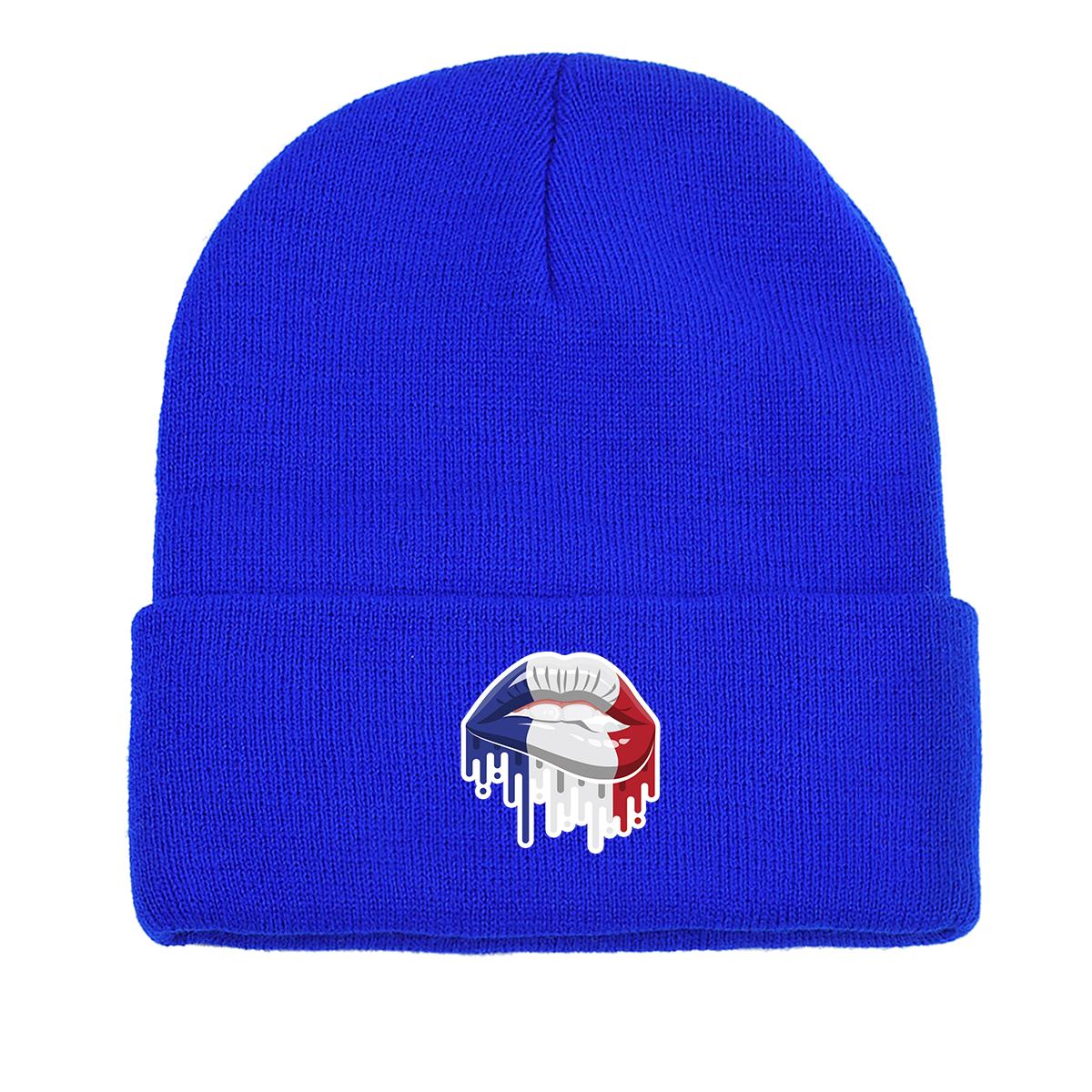 

France Flag Mouth Winter Knit Cap Beanie, Patriotic Man Cap Versatile Autumn Unisex Gorro Knitted Hat Beanie as the picture синий