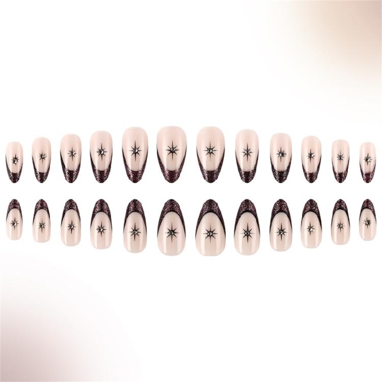 24pcs Short Almond Press On Nail Artificial Nail Glitters Star Designs French Tip Stick on Nail for a Stylish Look