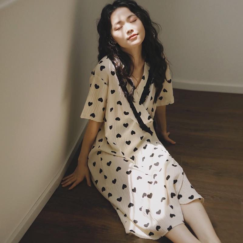 2025 Summer Kimono Maternity Nightdress - Crinkle Cotton, Postpartum Mid-Length, Short Sleeve Nursing Dress