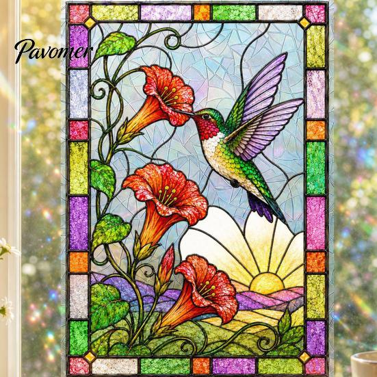 Bunte Blumen-Fensterfolie, Buntglas-Statikfolien, Kolibri-Blumen-Aufkleber, Abnehmbare Sichtschutz-Folien aus PVC für Haustür, Wintergarten