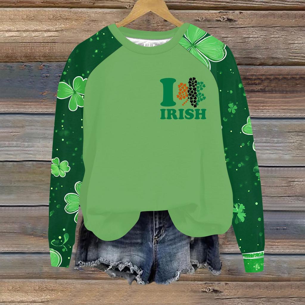 Women's Fashionable Raglan Sleeve St. Patrick's Day Printed Casual Round Neck Sweatshirt