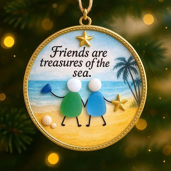 Friendship Sea Glass Christmas Ornament Round/Heart Shaped Friendship Keepsake for Best Friends Handmade Sea Glass Art Hanging Ornament