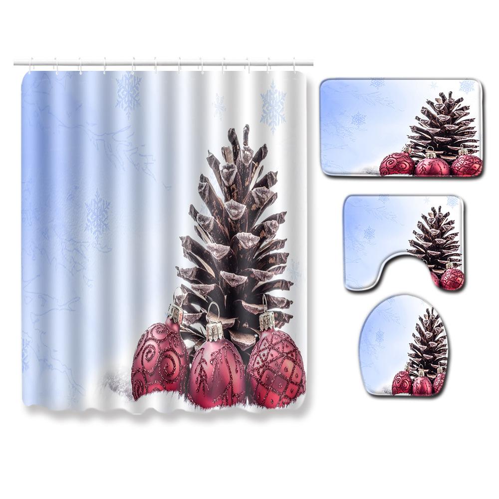 Christmas Elements Bathroom Shower Curtain Floor Mat Toilet Cover Foot Mat Four-Piece Pattern Size
