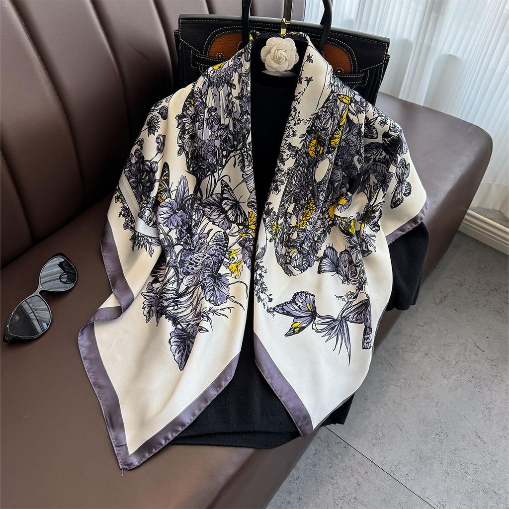 90×90Cm  Satin Shawl Design Flowers Silk Square Women Neck Scarves Wrap Headkerchief Beach Hair Band Women'S Bandana