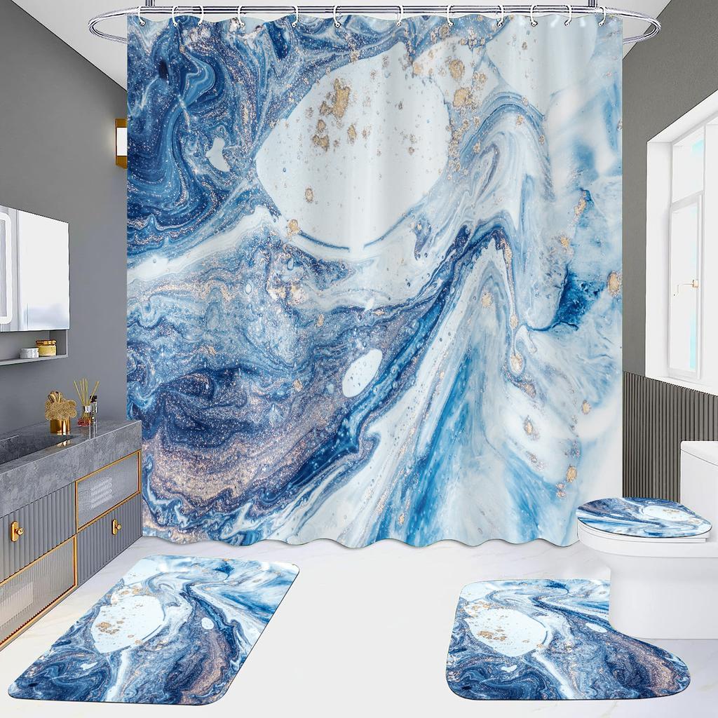 4Pcs Marble Series Shower Curtain Sets for Bathroom Non-Slip Bathroom Rugs Lid Toilet Cover Bath Mat