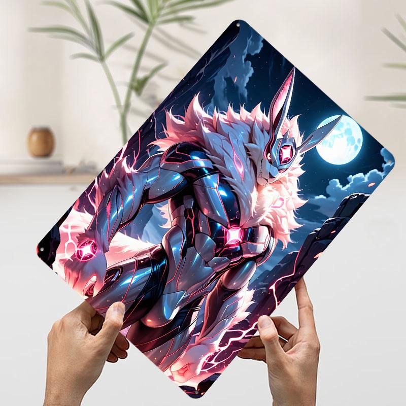 Cyberpunk Rabbit Warrior Under Moonlight Metal Poster Customized Wall Art Retro Vintage Tinplate Signs for Man Cave House Decor