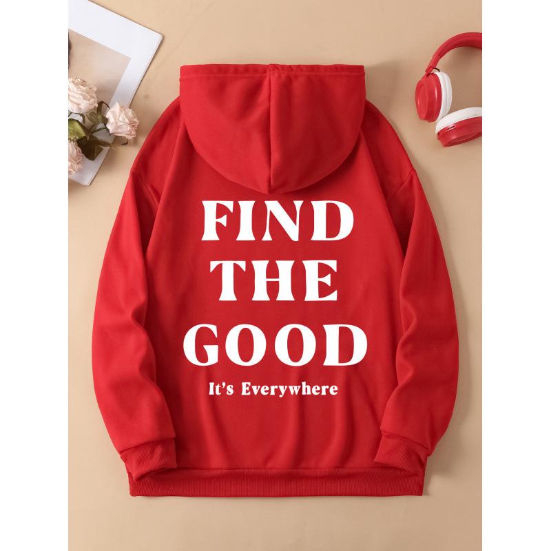 Women's Loose Hoodie with Letter Print and Kangaroo Pocket