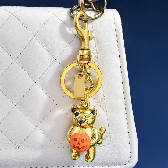 Handbag Decorative Accessory Halloween Cat Holding Pumpkin Keychain, Metal Car Key Ring Holder, Backpack Hanging Decor