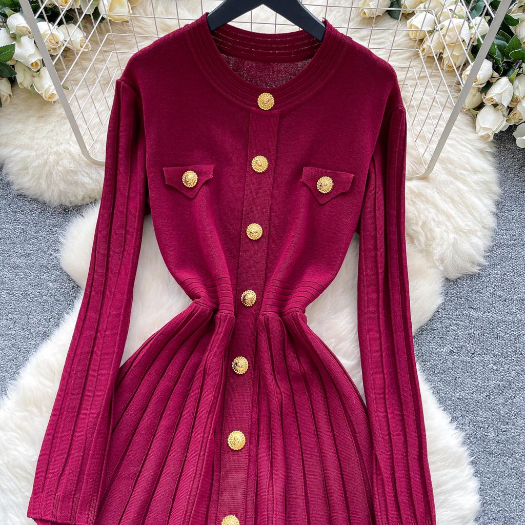 Autumn Winter High Waist Knitted Umbrella A-line Dresses 2025 New Buttons O-neck Long Sleeve Loose Sweater Dress Female