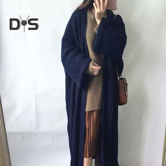 Spring Autumn Women Loose Fit Long Sweater Coat Long Sleeve Solid Color Ankle Length Open Front Knitting Cardigan Outwear