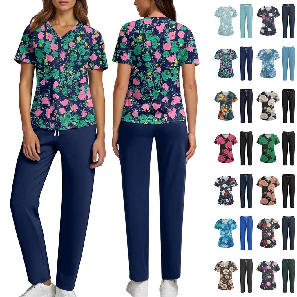 Plus SizePrinted Scrub Working Uniform Tops For Women's Cross V-Neck Halloween Print Short Sleeve Fun T-Shirts Workwear Tee With Pockets
