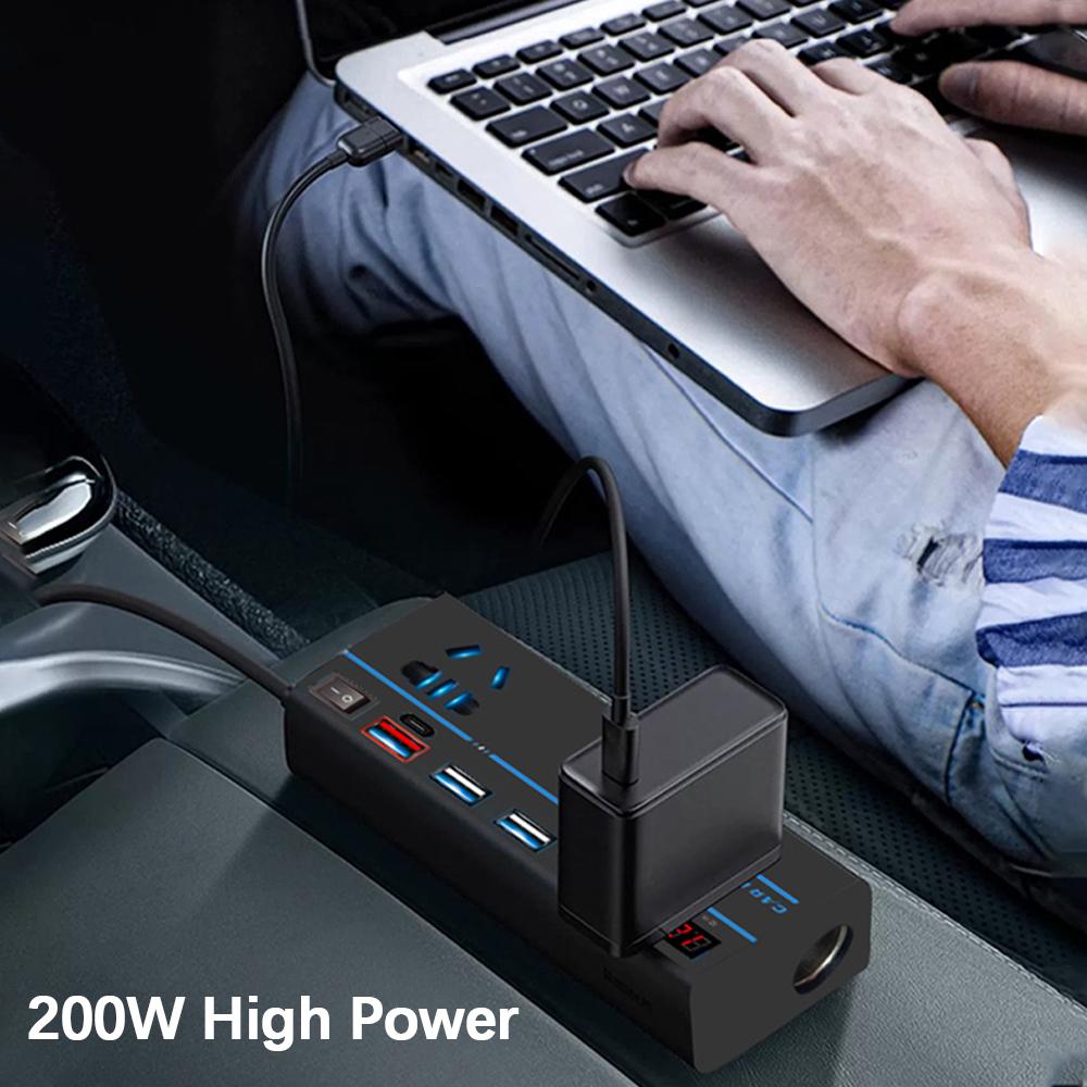 200W Car Inverter DC 12V/24V To AC 110V/220V Converter 8 Ports Sockets ON/OFF Switch USB/PD/Type-C Chargers QC 3.0 Power Adapter