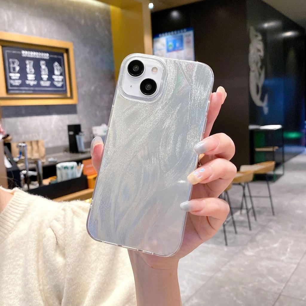 Feather yarn laser case for iPhone15Pro mobile phone case 14/13 protective case Apple 12/11 silver simple