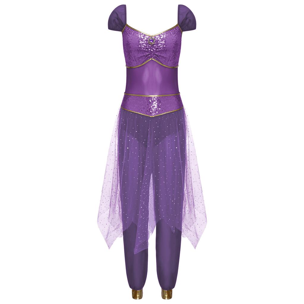 Womens Arab Princess Costume Contrast Color Gem Decor Sequined Tulle Overlay Sleeveless Jumpsuit Belly Dance Romper