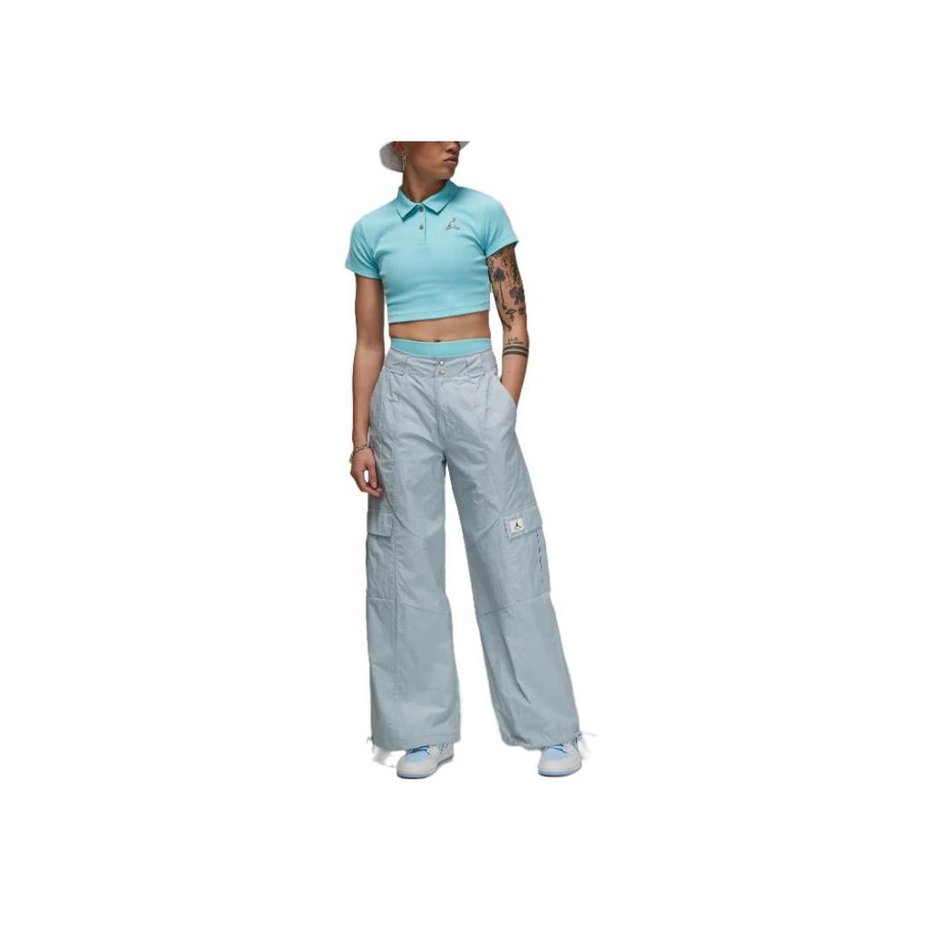 Jordan Solid Color Brand Logo Ribbed Collar Short Sleeve T-Shirt Women Tops Light-Blue DZ3333-464