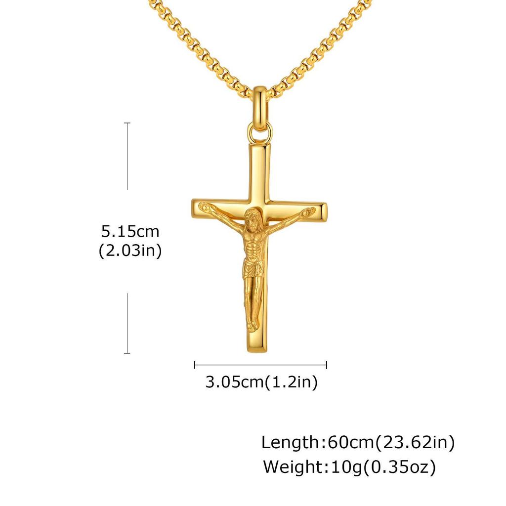 Vnox 60cm Catholic Cross Pendant Necklace for Men, Stainless Steel 30.5x51.5mm Cross Black Gold Silver Color Box Chain Necklaces
