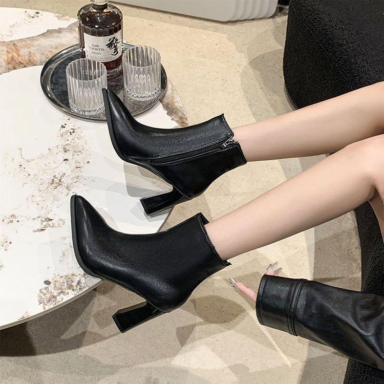 Mode Schwarz Winter Reißverschluss Warm Plüsch Stiefeletten Damen 8,5cm Blockabsatz Reißverschluss Damen Schuhe Super Große Größe