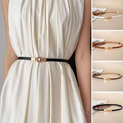 Vintage Gold Metal Pin Buckle Belt for Women PU Leather Wild Thin Adjustable Waistbands Dress Coat Decorative Strap Girdle