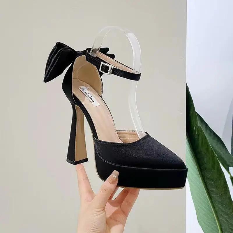 Fashion High Heels Women 2024 Summer New Fashion Satin Face Pointed Toe High Heel Sandals Bow One Word Buckle Thick Heel Women's Shoes